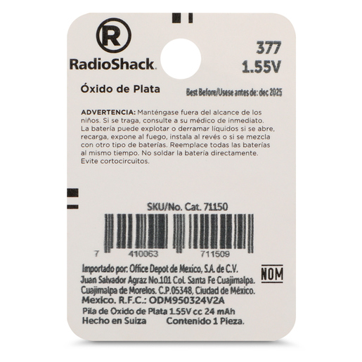 Pila para Reloj de Óxido de Plata 377 RadioShack