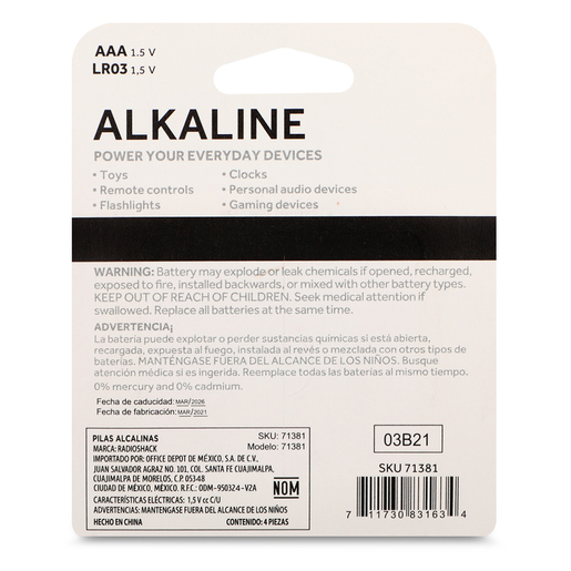Pilas Alcalinas AAA RadioShack 1.5 v 4 piezas Pilas Alcalinas AAA RadioShack 1.5 v 4 piezas