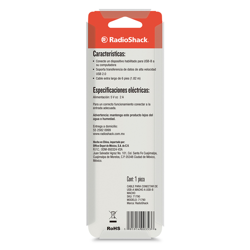 Cable USB A a USB B RadioShack / 1.82m / Plástico / Negro Cable USB A a USB B RadioShack / 1.82m / Plástico / Negro