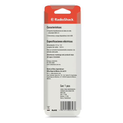 Cable USB a Mini USB RadioShack 1.82 m Plástico Negro Cable USB a Mini USB RadioShack 1.82 m Plástico Negro