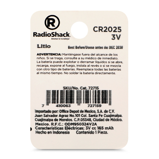 Pila de Litio RadioShack 3v CR2025 1 pieza Pila de Litio RadioShack 3v CR2025 1 pieza