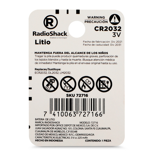 Pila de Litio Botón CR 2032 RadioShack