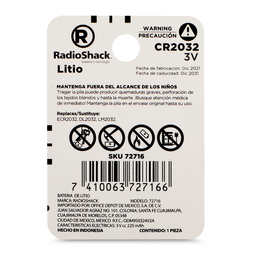 Pila de Litio RadioShack 3v CR2032 1 pieza Pila de Litio RadioShack 3v CR2032 1 pieza