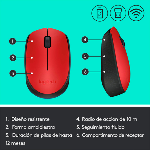 Mouse Inalámbrico Logitech M170 / Rojo / USB Mouse Inalámbrico Logitech M170 / Rojo / USB