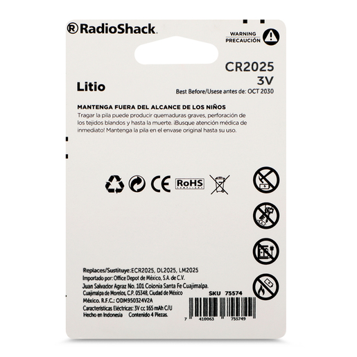 Pilas de Litio Botón CR 2025 RadioShack 4 piezas