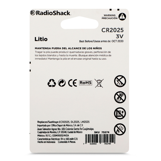 Pilas de Litio RadioShack 3v CR2025 4 piezas Pilas de Litio RadioShack 3v CR2025 4 piezas
