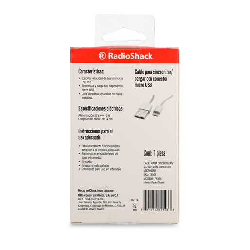 Cable USB a Micro USB RadioShack / 90 cm / Metal / Plata Cable USB a Micro USB RadioShack / 90 cm / Metal / Plata