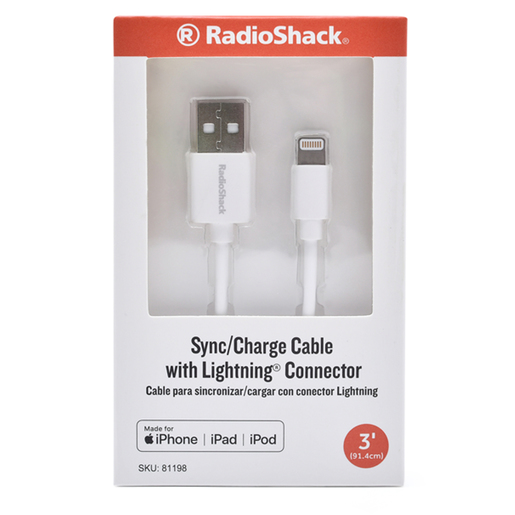Cable USB a Lightning RadioShack / MFi / 91.4 cm / Plástico / Blanco Cable USB a Lightning RadioShack / MFi / 91.4 cm / Plástico / Blanco