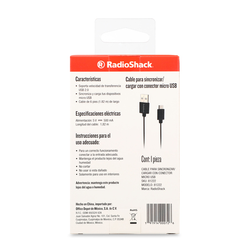 Cable USB a Micro USB RadioShack / 1.8 m / Plástico / Negro Cable USB a Micro USB RadioShack / 1.8 m / Plástico / Negro