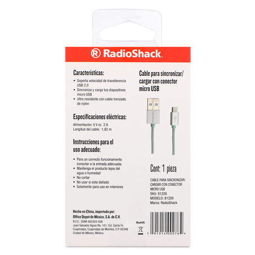 Cable USB a Micro USB RadioShack / 1.8 m / Trenzado / Menta Cable USB a Micro USB RadioShack / 1.8 m / Trenzado / Menta