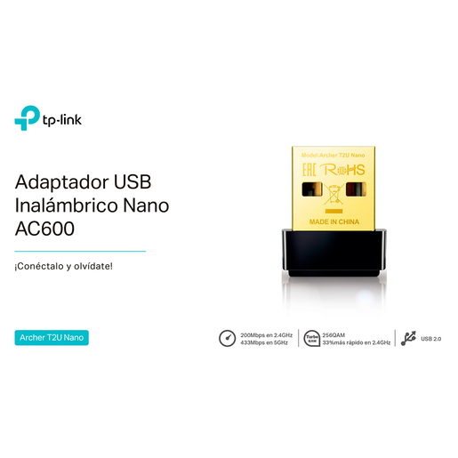 Adaptador WiFi Nano USB TP Link Archer T2U AC600 / Negro
