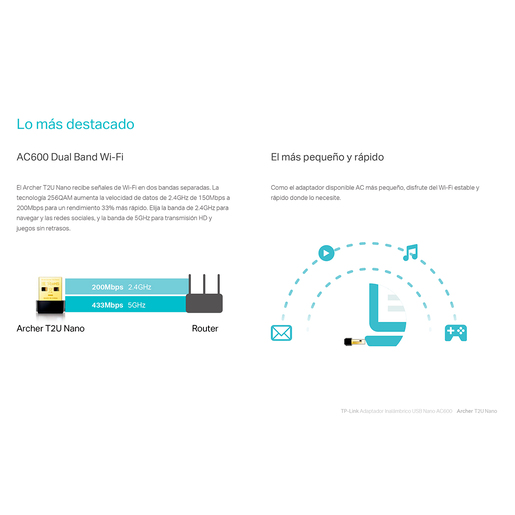 Adaptador WiFi Nano USB TP Link Archer T2U AC600 / Negro Adaptador WiFi Nano USB TP Link Archer T2U AC600 / Negro